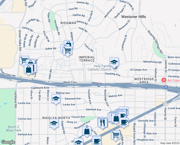 map of restaurants, bars, coffee shops, grocery stores, and more near 2501 Ridgmar Plaza in Fort Worth