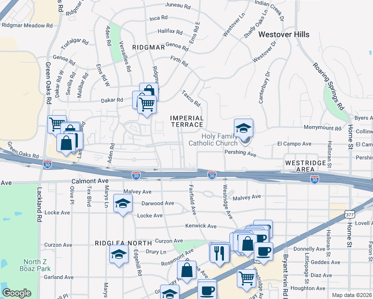 map of restaurants, bars, coffee shops, grocery stores, and more near 2501 Ridgmar Plaza in Fort Worth