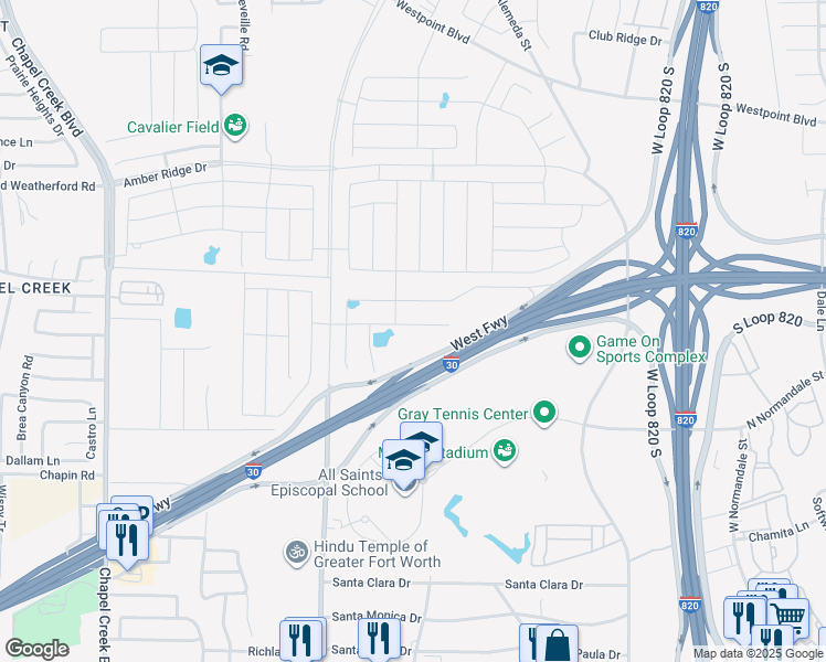 map of restaurants, bars, coffee shops, grocery stores, and more near 9905 West Freeway in Fort Worth