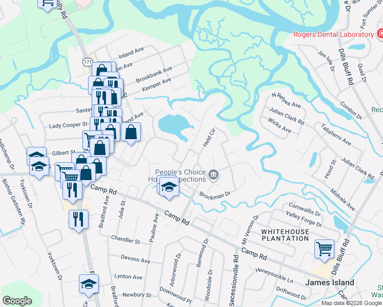 map of restaurants, bars, coffee shops, grocery stores, and more near 107 Oyster Point Row in Charleston