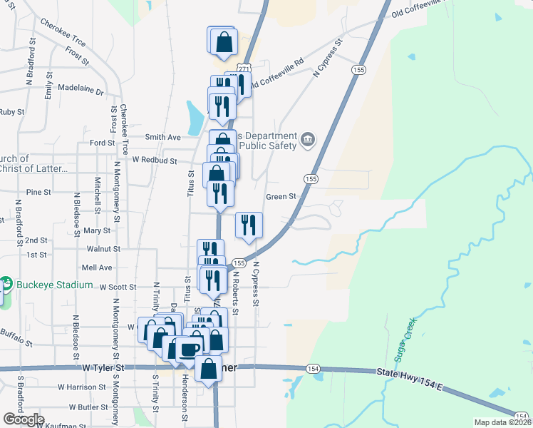map of restaurants, bars, coffee shops, grocery stores, and more near 829 North Cypress Street in Gilmer