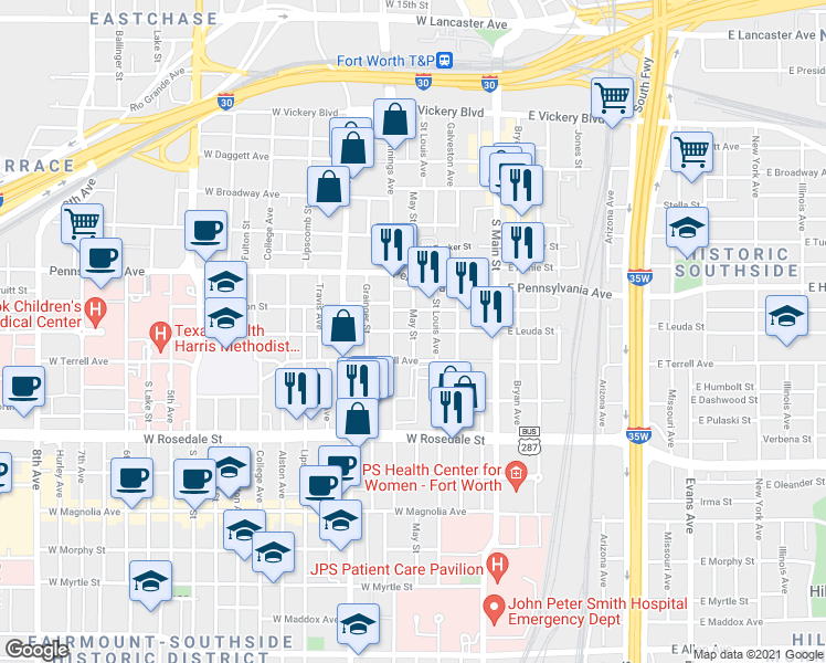 map of restaurants, bars, coffee shops, grocery stores, and more near May Street & West Leuda Street in Fort Worth