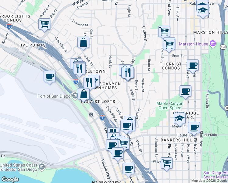 map of restaurants, bars, coffee shops, grocery stores, and more near 3009 Union Street in San Diego