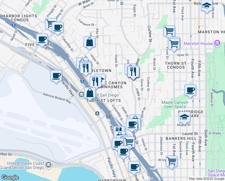 map of restaurants, bars, coffee shops, grocery stores, and more near 3023 State Street in San Diego
