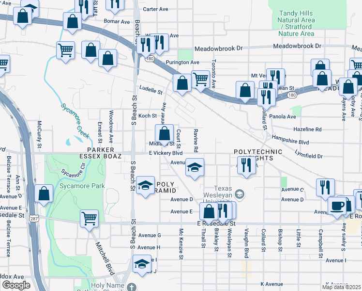 map of restaurants, bars, coffee shops, grocery stores, and more near 2728 East Vickery Boulevard in Fort Worth