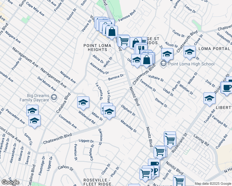 map of restaurants, bars, coffee shops, grocery stores, and more near 3761 Poe Street in San Diego