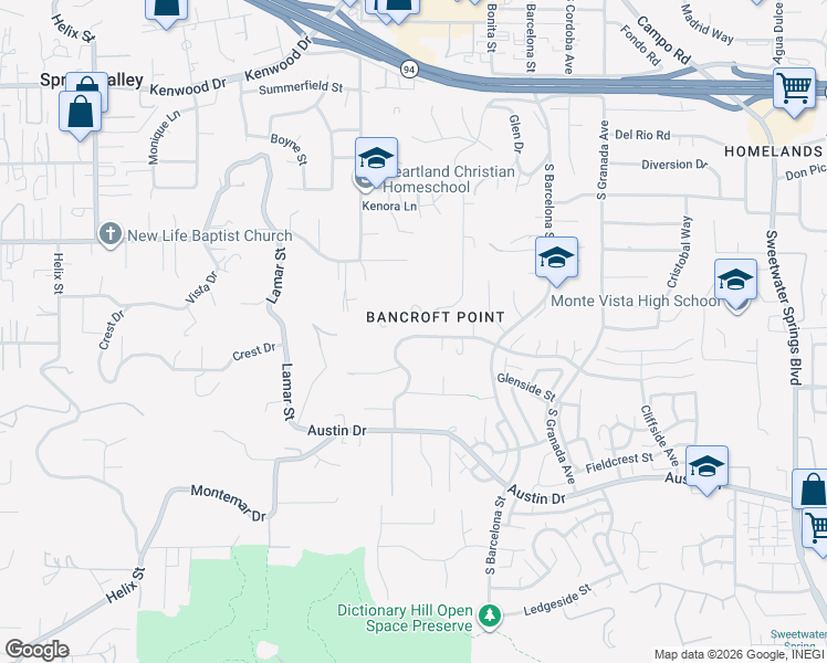 map of restaurants, bars, coffee shops, grocery stores, and more near 2820 Highlands Boulevard in Spring Valley