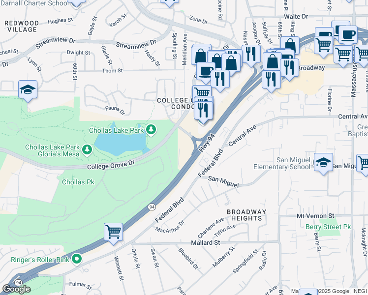 map of restaurants, bars, coffee shops, grocery stores, and more near 6333 College Grove Way in San Diego