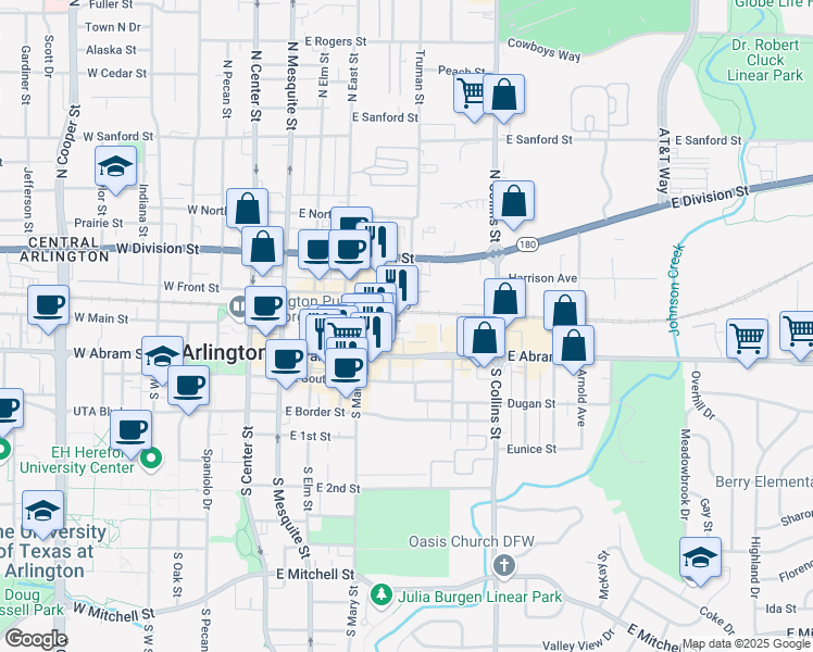 map of restaurants, bars, coffee shops, grocery stores, and more near 607 East Abram Street in Arlington