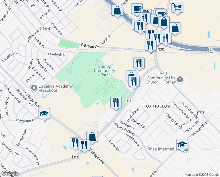 map of restaurants, bars, coffee shops, grocery stores, and more near 241 South Farm to Market 548 in Forney