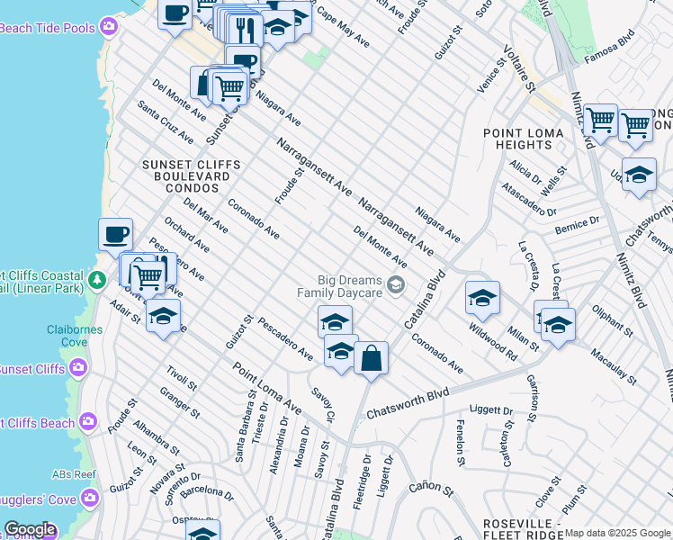 map of restaurants, bars, coffee shops, grocery stores, and more near 1649 Santa Barbara Street in San Diego