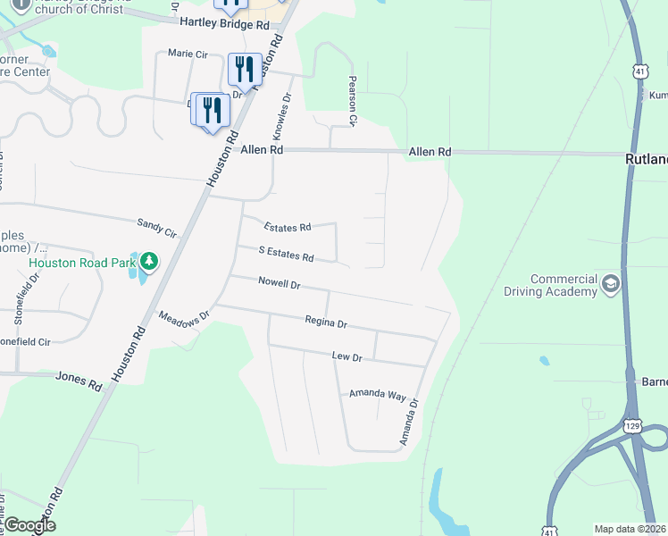 map of restaurants, bars, coffee shops, grocery stores, and more near 2763 Nowell Drive in Macon
