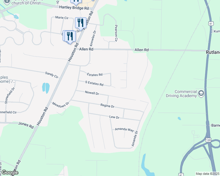 map of restaurants, bars, coffee shops, grocery stores, and more near 2763 Nowell Drive in Macon