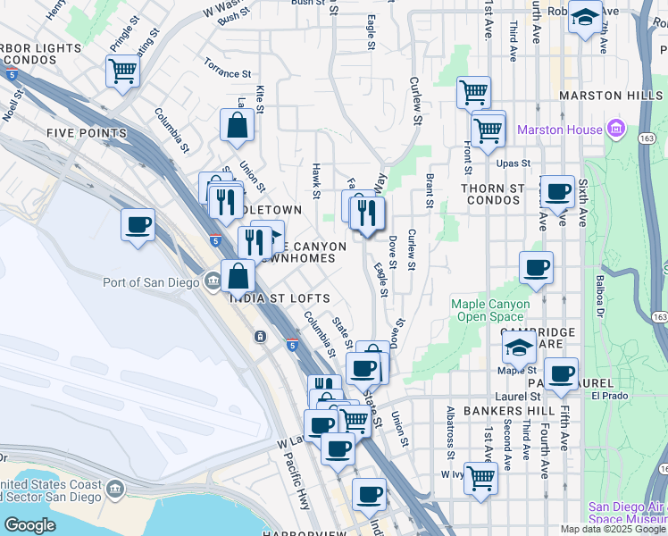 map of restaurants, bars, coffee shops, grocery stores, and more near 3009 Union Street in San Diego
