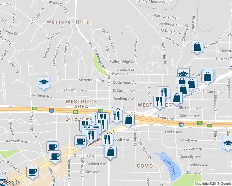 map of restaurants, bars, coffee shops, grocery stores, and more near 5621 El Campo Avenue in Fort Worth