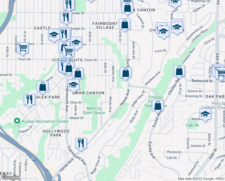 map of restaurants, bars, coffee shops, grocery stores, and more near 2885 Menlo Avenue in San Diego