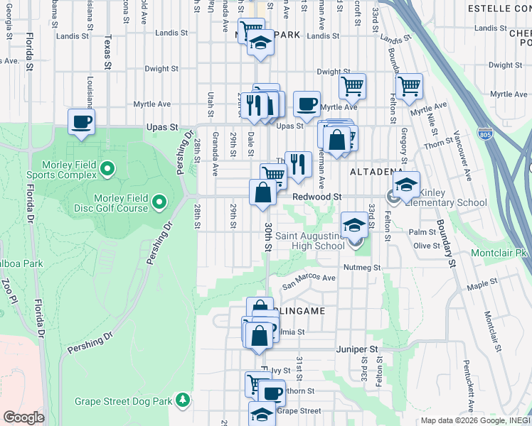 map of restaurants, bars, coffee shops, grocery stores, and more near in San Diego