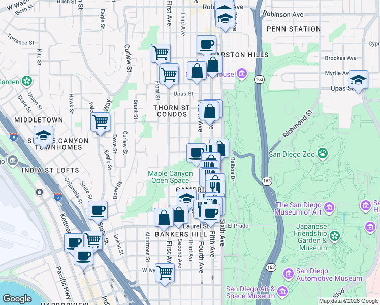 map of restaurants, bars, coffee shops, grocery stores, and more near 2910 Fourth Avenue in San Diego