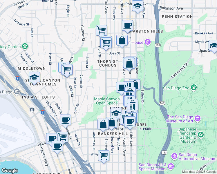 map of restaurants, bars, coffee shops, grocery stores, and more near 2928 2nd Avenue in San Diego