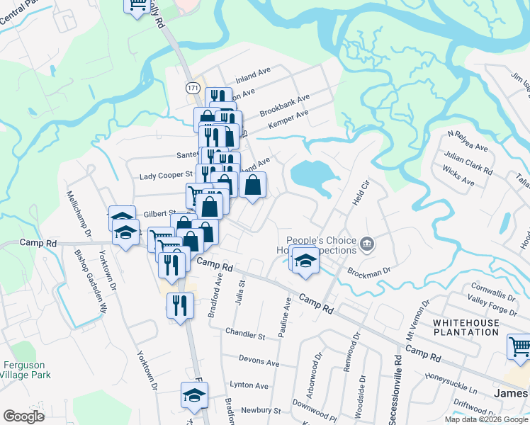 map of restaurants, bars, coffee shops, grocery stores, and more near 49 Meander Row in Charleston