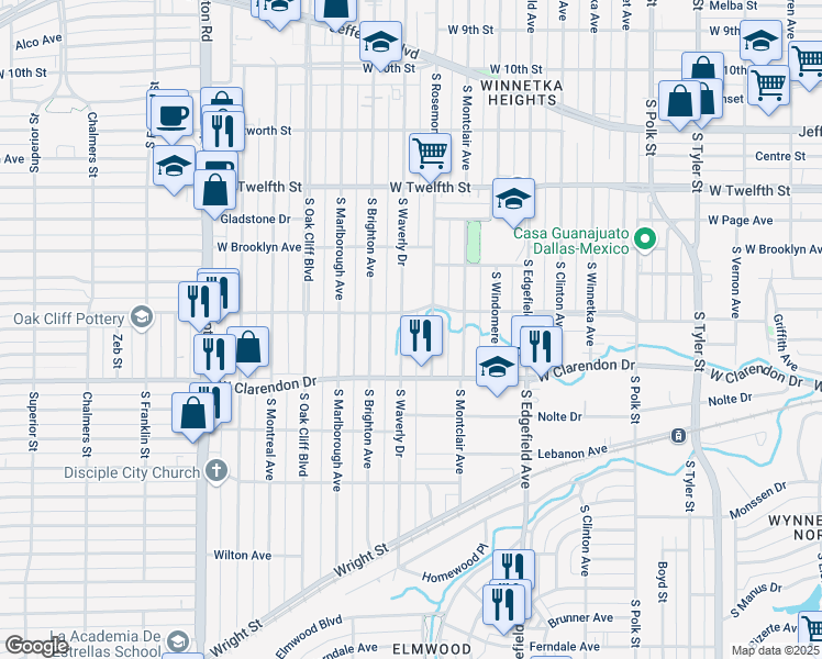 map of restaurants, bars, coffee shops, grocery stores, and more near 1002 South Waverly Drive in Dallas