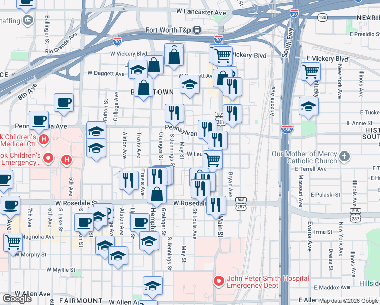 map of restaurants, bars, coffee shops, grocery stores, and more near 815 May Street in Fort Worth