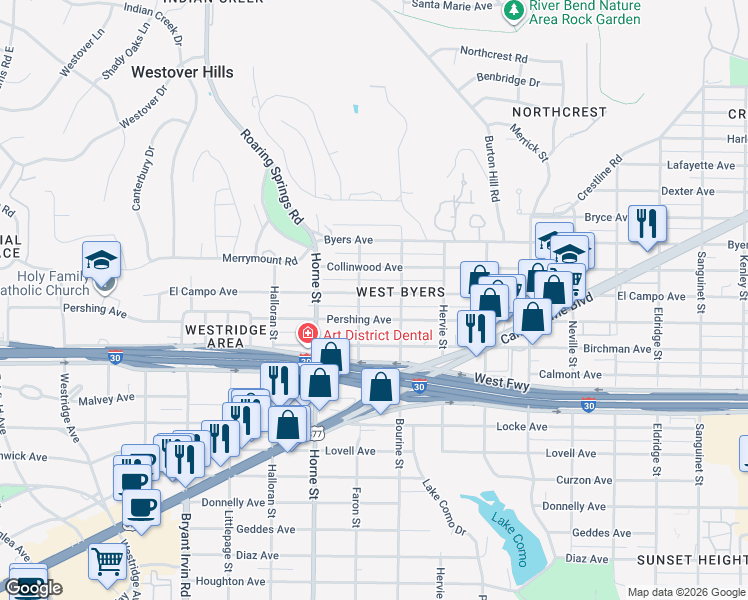 map of restaurants, bars, coffee shops, grocery stores, and more near 5524 Pershing Avenue in Fort Worth