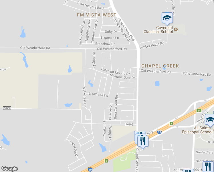 map of restaurants, bars, coffee shops, grocery stores, and more near 2520 Concina Way in Fort Worth