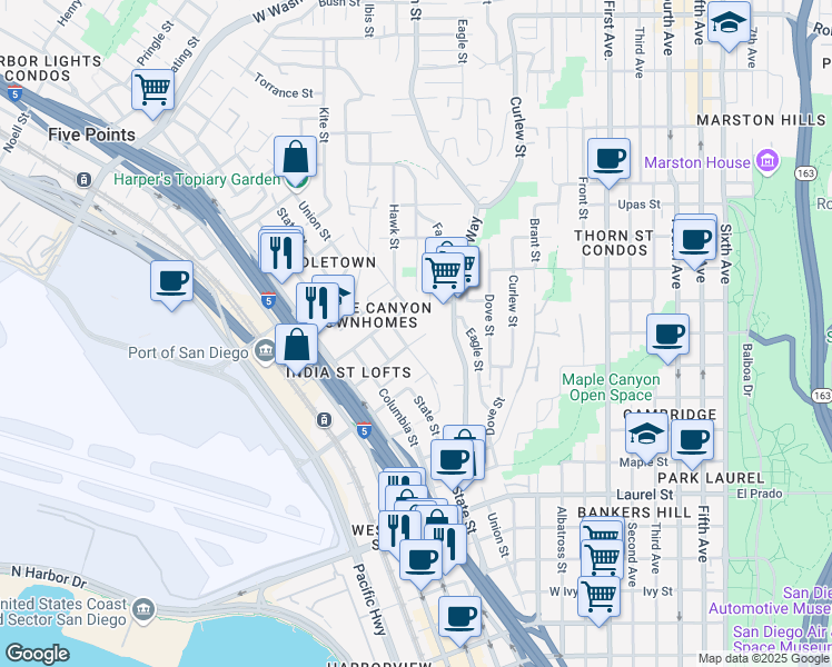 map of restaurants, bars, coffee shops, grocery stores, and more near 3009 Union Street in San Diego