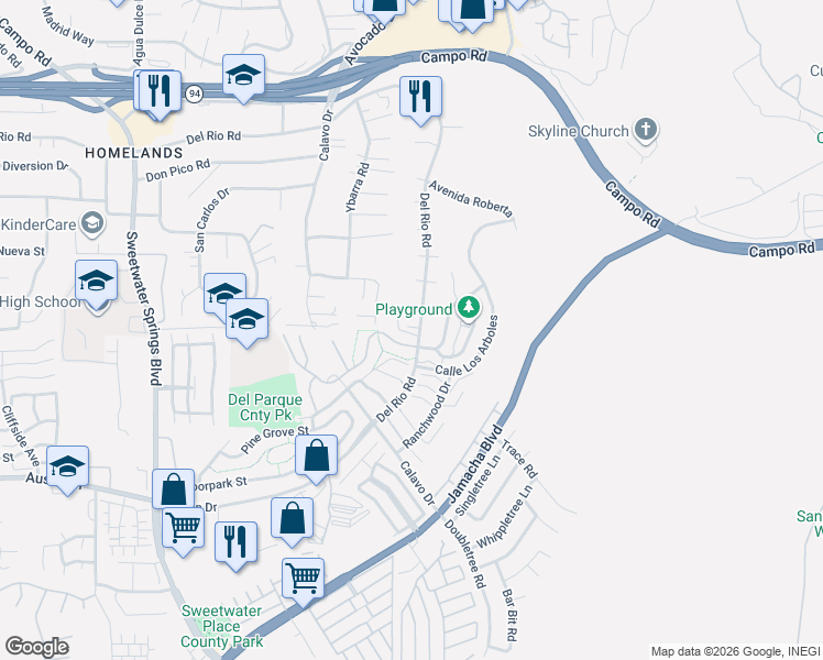 map of restaurants, bars, coffee shops, grocery stores, and more near 11231 Del Rio Road in Spring Valley