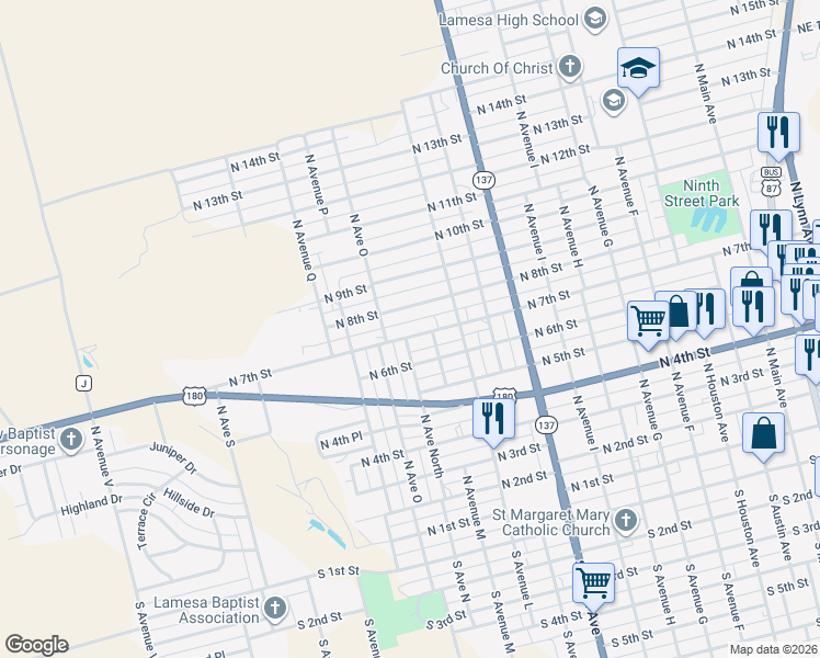 map of restaurants, bars, coffee shops, grocery stores, and more near 700-798 N Ave North in Lamesa