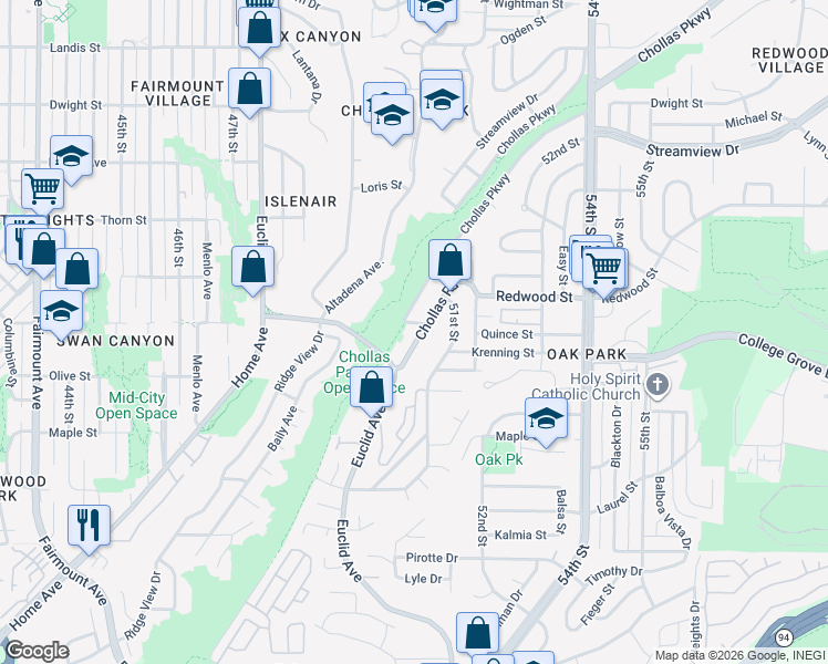 map of restaurants, bars, coffee shops, grocery stores, and more near 2960 Chollas Road in San Diego