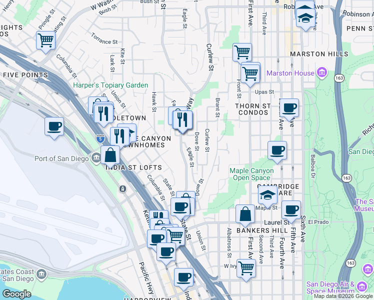 map of restaurants, bars, coffee shops, grocery stores, and more near 2957 Reynard Way in San Diego