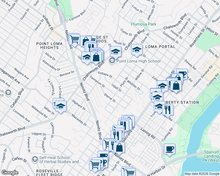 map of restaurants, bars, coffee shops, grocery stores, and more near 3433 Tennyson Street in San Diego