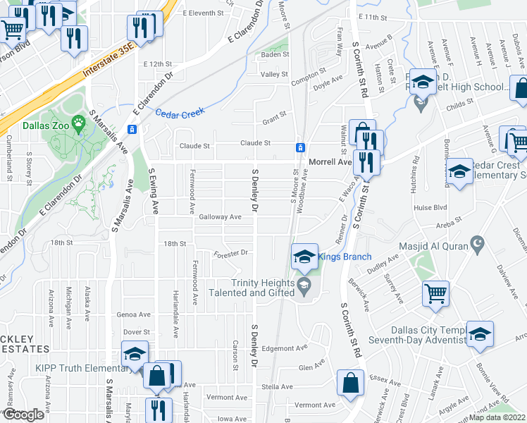 map of restaurants, bars, coffee shops, grocery stores, and more near 1302 Galloway Avenue in Dallas