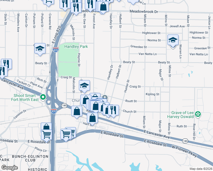 map of restaurants, bars, coffee shops, grocery stores, and more near 2928 Halbert Street in Fort Worth