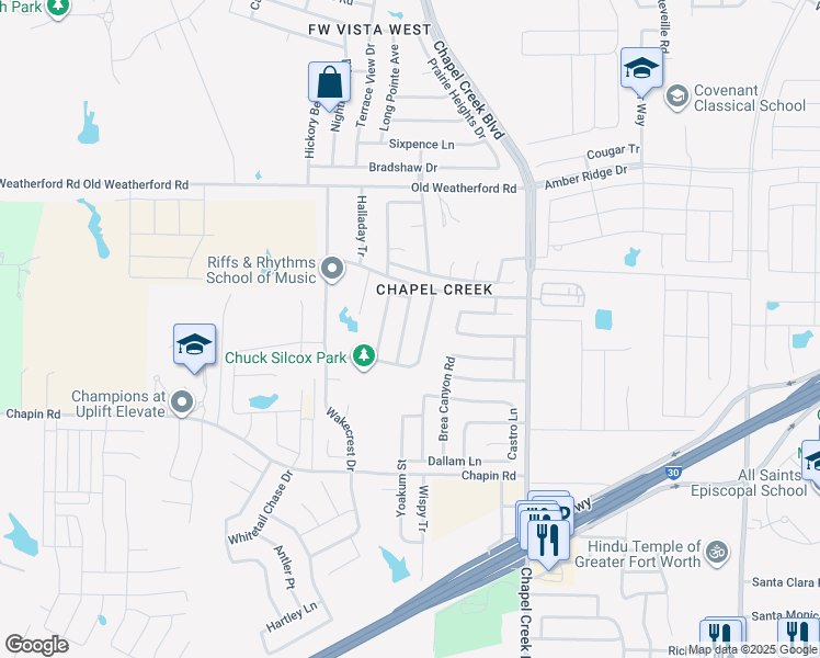 map of restaurants, bars, coffee shops, grocery stores, and more near 2501 Concina Way in Fort Worth