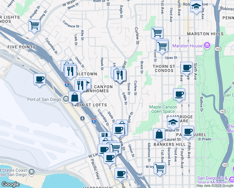 map of restaurants, bars, coffee shops, grocery stores, and more near 2996 Reynard Way in San Diego