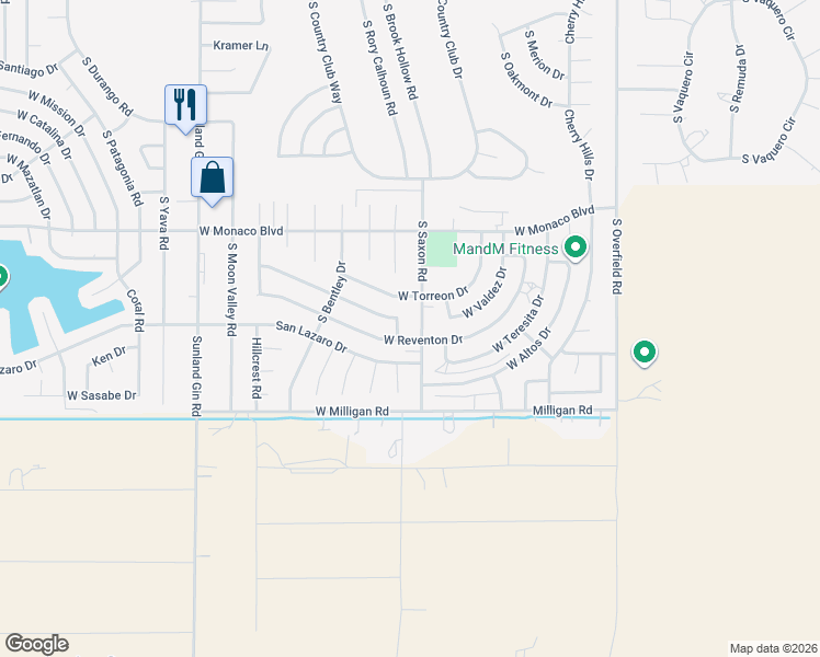 map of restaurants, bars, coffee shops, grocery stores, and more near 8881 West Reventon Drive in Arizona City