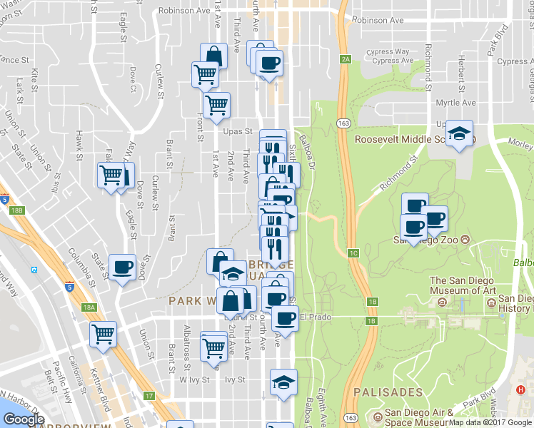 map of restaurants, bars, coffee shops, grocery stores, and more near 430 Quince Street in San Diego