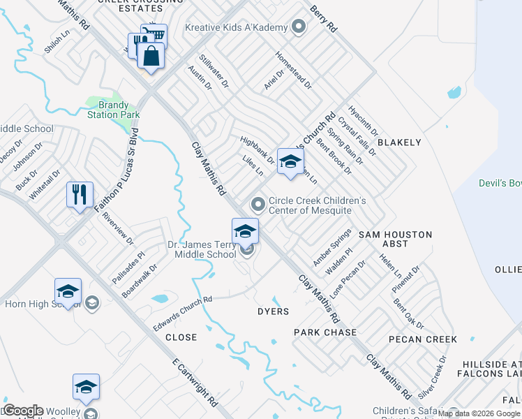 map of restaurants, bars, coffee shops, grocery stores, and more near 2514 Clay Mathis Road in Mesquite