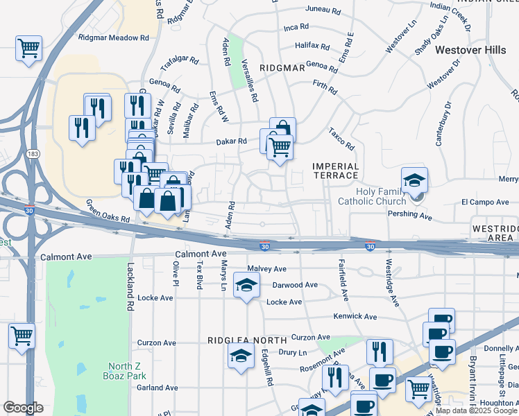map of restaurants, bars, coffee shops, grocery stores, and more near 6415 Plaza Parkway in Fort Worth