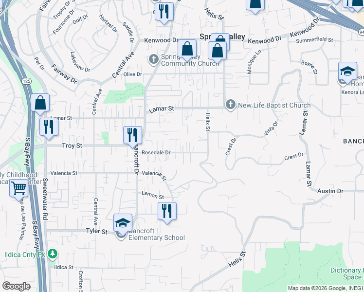 map of restaurants, bars, coffee shops, grocery stores, and more near 9105A Rosedale Drive in Spring Valley