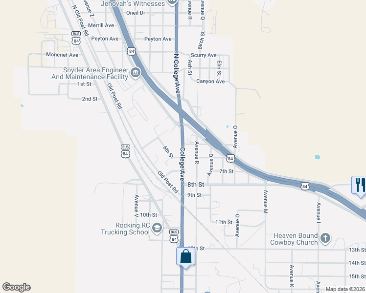 map of restaurants, bars, coffee shops, grocery stores, and more near 519 College Avenue in Snyder
