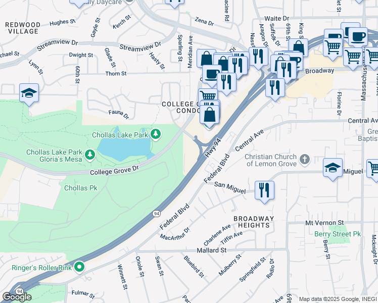 map of restaurants, bars, coffee shops, grocery stores, and more near 6333 College Grove Way in San Diego