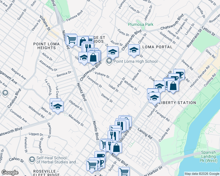 map of restaurants, bars, coffee shops, grocery stores, and more near 3435 Udall Street in San Diego