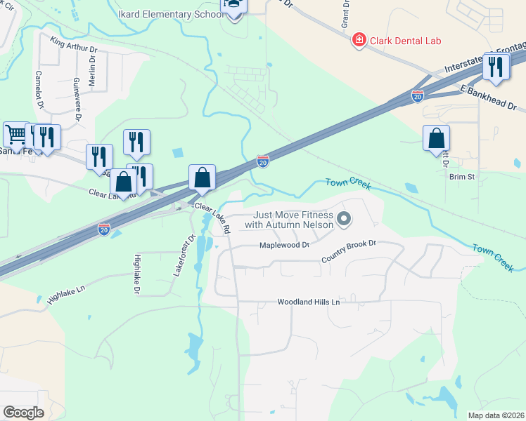 map of restaurants, bars, coffee shops, grocery stores, and more near 2205 Pebblebrook Drive in Weatherford