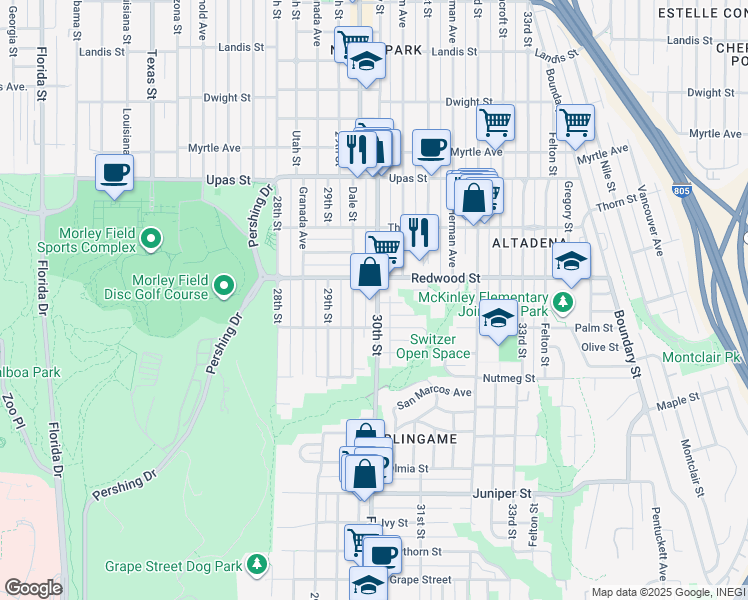 map of restaurants, bars, coffee shops, grocery stores, and more near in San Diego