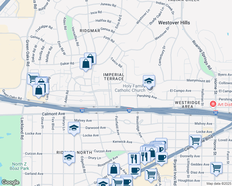 map of restaurants, bars, coffee shops, grocery stores, and more near 2409 Ridgmar Plaza in Fort Worth