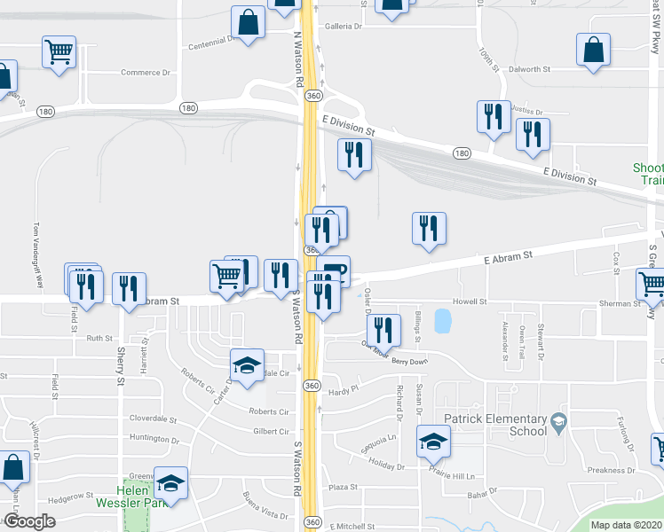map of restaurants, bars, coffee shops, grocery stores, and more near 185 South Watson Road in Arlington